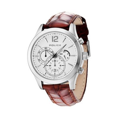Mens white chronograph dial brown leather strap watch 12757js/01